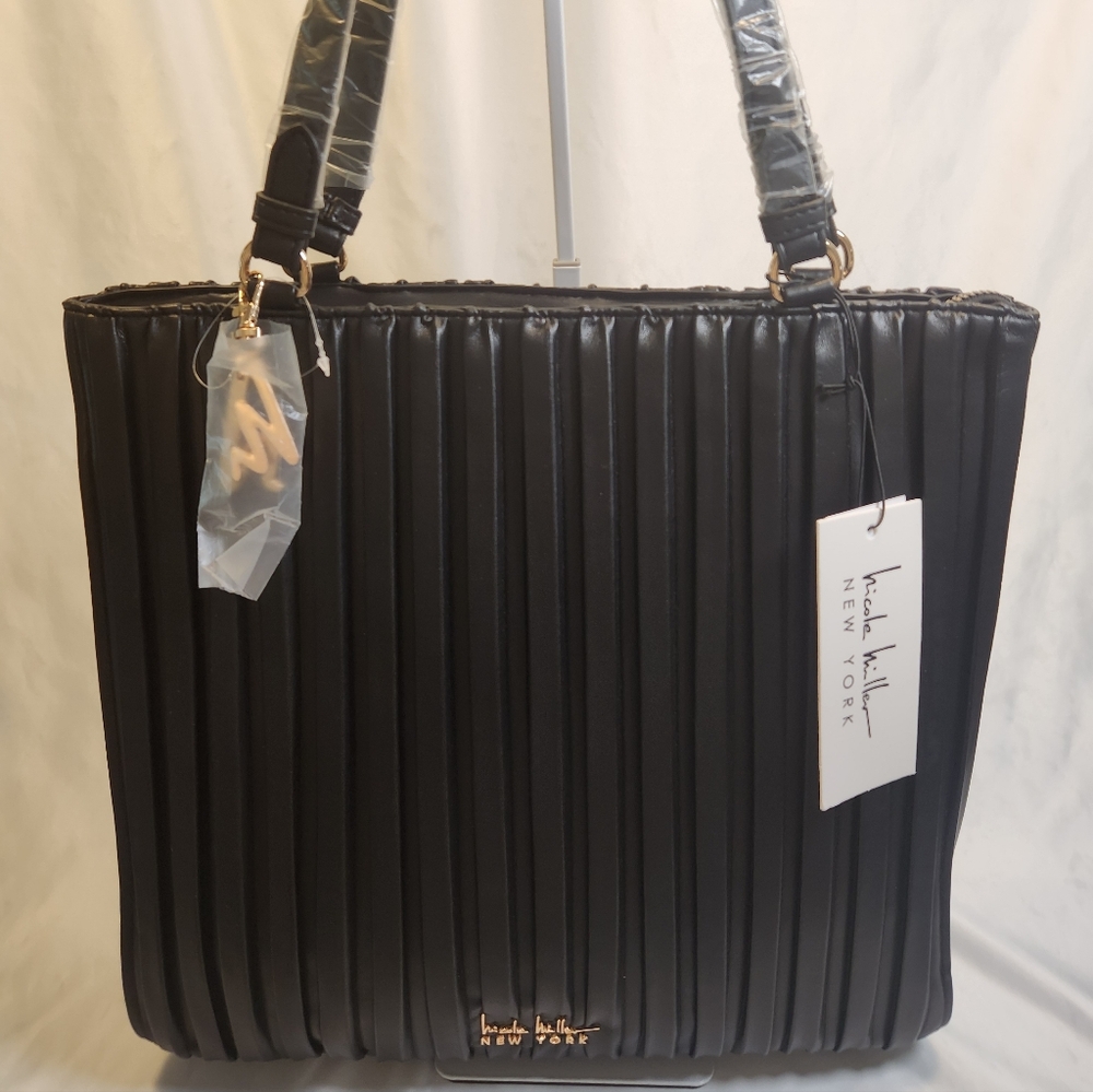 Nicole Miller New York Black Pleated Tote Bag